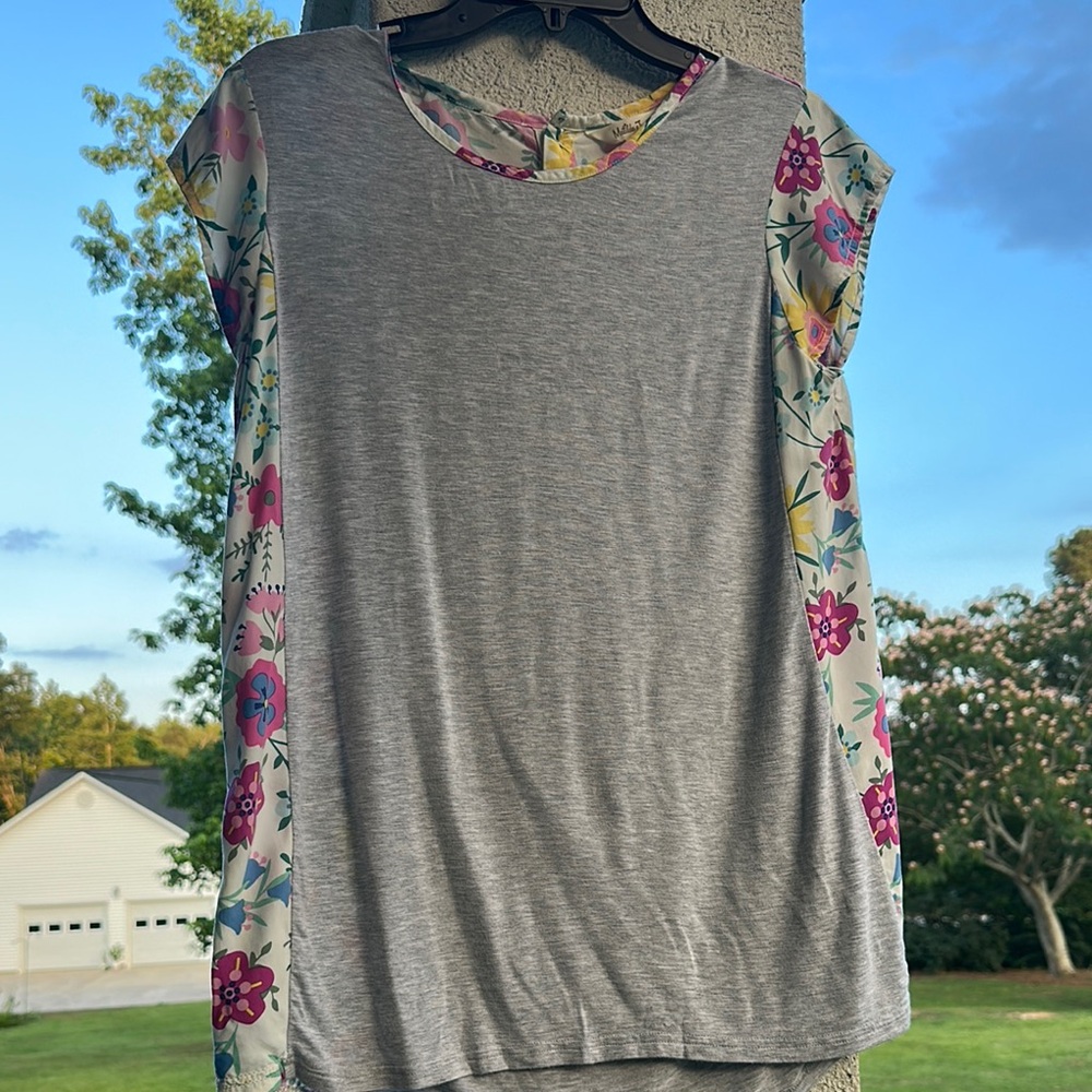 Matilda Jane Gray Top with Floral Sleeves